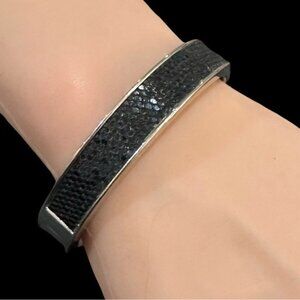 Silver-Tone Hinged Bracelet With Black Textured Inlay